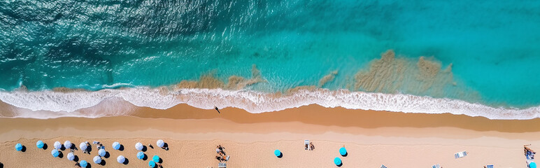 aerial panorama drone view beach line surf umbrellas and sun beds on the sand. - obrazy, fototapety, plakaty