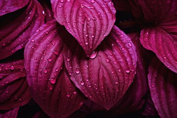 Demonstrating color 2024 Viva Magenta. Purple red colored leaves with rain drops. Natural textured foliage. Dark toned flowers. Backplate for organic products presentation. Nature, Generative AI