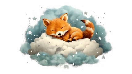 Fototapeta premium fox cub sleeps on a cloud watercolor on a white background illustration of the little.