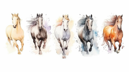 Fototapeta premium Collection of running horses on a white background watercolor drawing.