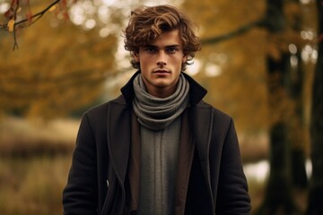 Portrait of a Elegant Young Fictional Nordic Man Model in Casual Chic Fall Season Clothes. Generative AI.