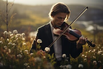 Fictional Handsome Swedish Man Plaing the Violin in a Flowered Field. Generative AI. - obrazy, fototapety, plakaty
