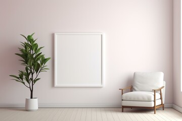 Minimal white frame in bright room with simple decor, rendered in 3D. Generative AI