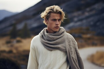 Portrait of a Elegant Young Fictional Scandinavian Man Model in Casual Chic Clothes. Generative AI.