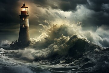 A view of a lighthouse amidst a stormy atmosphere. Generative AI - obrazy, fototapety, plakaty