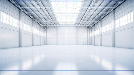 A modern, white warehouse interior, devoid of any items.. - obrazy, fototapety, plakaty