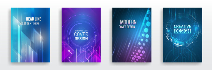 Futuristic business posters. Technology covers corporate documents. Layout template science designs. Brochure, flyer, book, annual report. Blue hi-tech vector illustrations for business presentations.