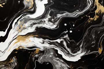 Acrylic paint abstract background. Mixture of white, black and golden paints making mysteries backplate. Pattern made by swirls of oil painting imitating marble, Generative AI