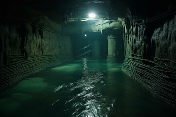 Subterranean water chamber hidden beneath the surface. Generative AI