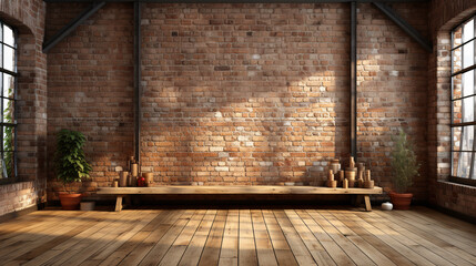 Step into a loft-style room through this 3D render, where a generous window illuminates the space, complementing the modern wooden floor and brick wall.