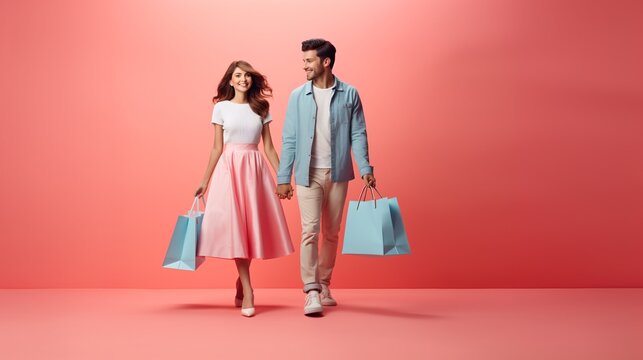Amidst a pastel setting, this full-body portrait features two endearing figures holding hands and toting shopping bags from their mall excursion.....