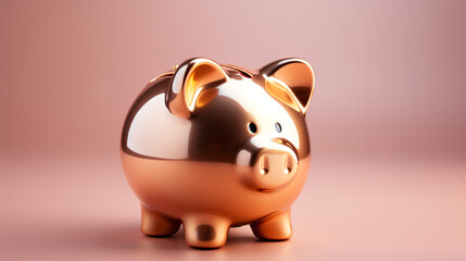 Golden piggy bank 3d render on pastel background. Glossy realistic piggy bank, digital art.