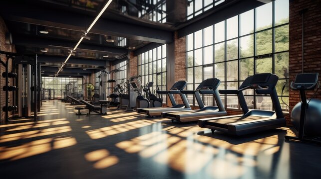 Interior of a modern gym with sports and fitness equipment and panoramic windows, fitness center, interior gym with a workout room with treadmills on a sunny day in the morning
