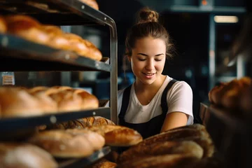 Tuinposter Bakkerij Female baker working in a bakery making bread