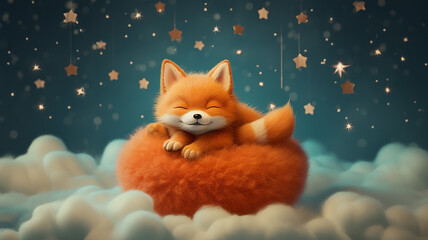 Fototapeta premium a baby fox cub sleeps on a cloud among the stars.