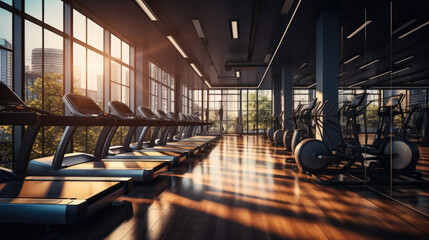 Interior of a modern gym with sports and fitness equipment and panoramic windows, fitness center, interior gym with a workout room with treadmills on a sunny day in the morning - obrazy, fototapety, plakaty
