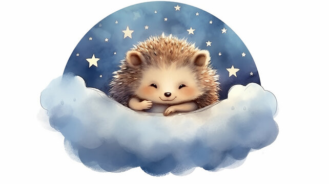 recommend clip art: a little hedgehog sleeps on a cloud watercolor.