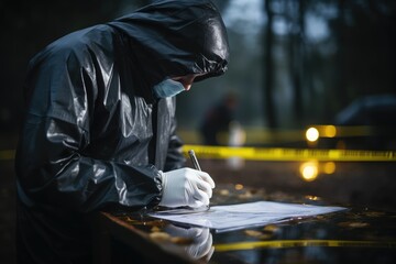 Medical examiner wearing an uniform doing his forensic job in a crime scene - obrazy, fototapety, plakaty