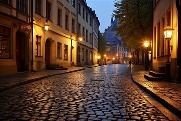Evening street in Prague with paved stones. Generative AI