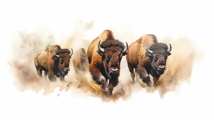Poster watercolor drawing of a group of bulls running on a white background. © kichigin19