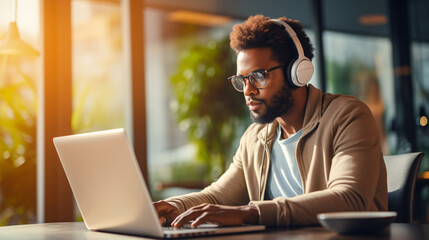 With a bright expression, a young African American gentleman in glasses and headphones sits comfortably with his laptop