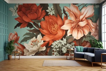 3D floral wallpaper illustration for living room. Generative AI