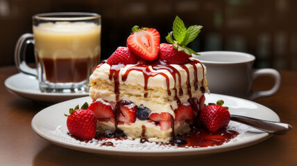 Strawberry sponge cake. A piece of sponge cake and a cup of coffee. Delicious cake with pieces of fruit in a cafe. Classic vanilla sponge cake with strawberry cream. Cake close up.

