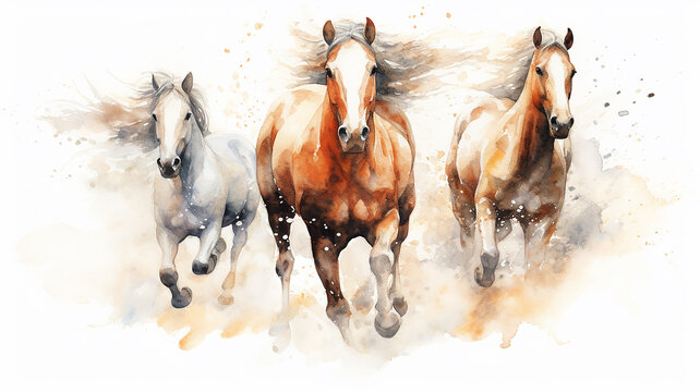 running horses watercolor on a white background dynamics composition art.