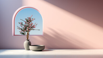 Perfect for showcasing products, this minimalistic and abstract pastel background is bathed in gentle light, creating intricate shadows thanks to the nearby window..
