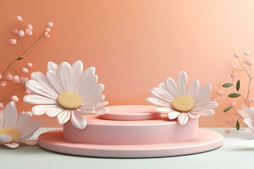 3D floral podium with daisies on a pastel background. Ideal for showcasing products, cosmetics, and creating holiday banners for various occasions. Generative AI