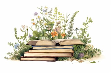 Collection of illustrations of books and herbal plants on a white background. Generative AI