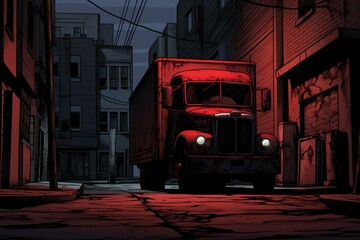 A crimson truck stationed in a shadowy urban lane. Digitally created. Generative AI