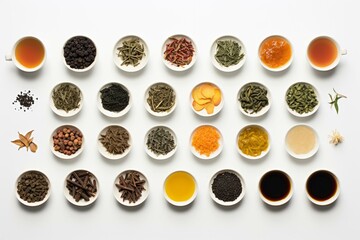 Variety of tea on white surface, from top. Generative AI