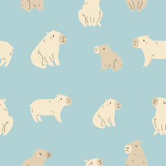 Seamless pattern with funny capybaras in different poses on blue background