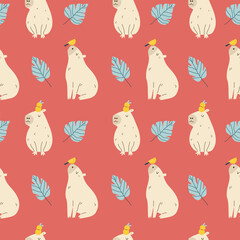 Seamless pattern with cute capybaras, birds and tropical leaves