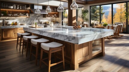 Fototapeta na wymiar View of a luxury kitchen with marble countertops and kitchen appliances