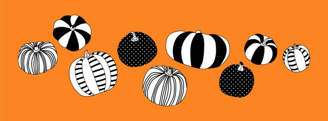 Modern painted halloween pumpkin illustration set. Fall season harvest vegetable collection for october holiday celebration or thanksgiving event. Decorative hand drawn element. - obrazy, fototapety, plakaty