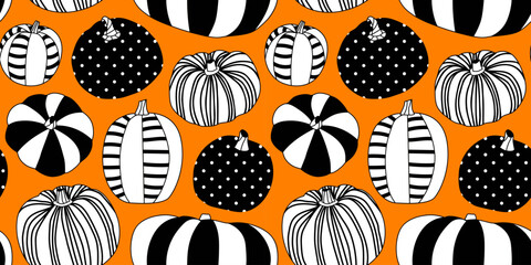 Modern painted halloween pumpkin seamless pattern illustration. Fall season harvest vegetable background print for october holiday celebration or thanksgiving event. Decorative hand drawn texture art.