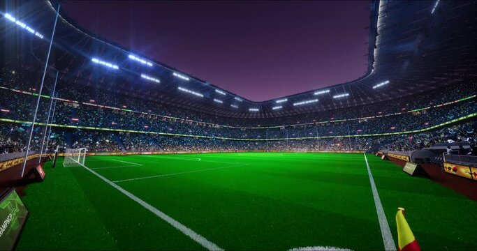 Soccer Stadium arena, blue light lit,  crowd fans, empty playground, photo flashlight. 4k 3d render