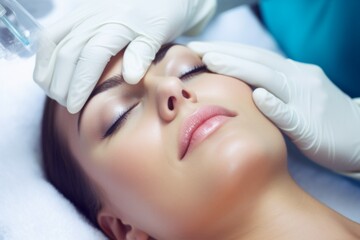 Portrait lady eyes closed client doctor beauty cosmetic procedure treatment revitalization mesotheapy plastic surgery operation. Cosmetologist hands giving facelift injection face rejuvenation center