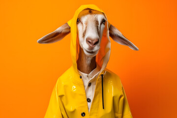 Portrait of a goat wearing a raincoat and an umbrella in studio, colorful background. Autumn concept. Generative AI