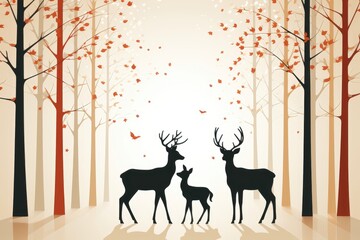 A Christmas background image for creative content depicting a silhouette of a reindeer family in a peaceful forest setting. Illustration