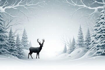 A Christmas banner for creative content showcasing a tranquil scene of a reindeer in a snow-covered forest, capturing the serene beauty of the holiday season. Illustration