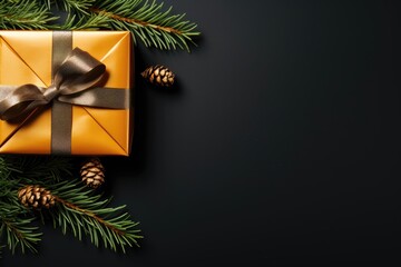 A Christmas banner for creative content with space for customization against a black background, featuring a wrapped present and lush fir branches. Photorealistic illustration