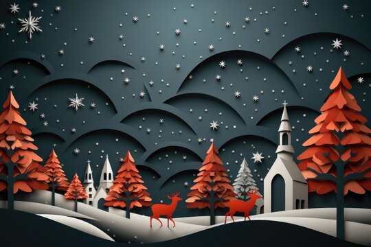 A Christmas background image in a paper-cut style, depicting a scene with a reindeer, trees, and gentle snowfall, providing a delightful and crafty aesthetic. Photorealistic illustration