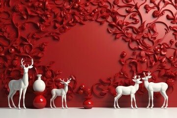 A Christmas banner for creative content with a center space for customization against a Christmas red background, adorned with white reindeers. Photorealistic illustration