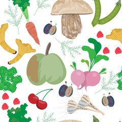 Vegetable and fruit seamless pattern with mushrooms, carrots, apples, garlic, berries, and radishes. Vector graphics for fabric, background, wrapping paper, and more