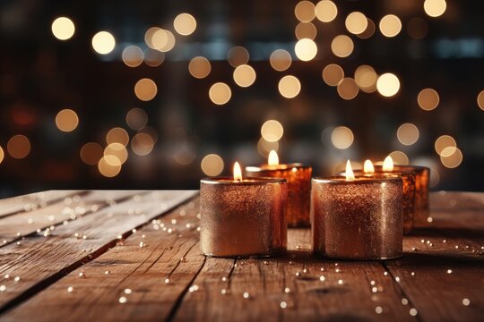 A Christmas background image showcasing the warm glow of small candlelights on a wooden table, surrounded by the soft blur of holiday lights. Photorealistic illustration
