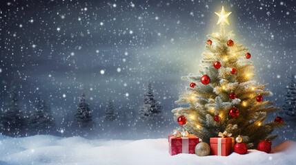 Obraz premium Beautiful decorated Christmas tree with gifts in snowfall - ai generative