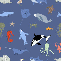 Sea animals seamless pattern. Cute aquatic fish, turtle, whale, narwhal, dolphin, octopus, starfish, crab, jellyfish, seal and other. Kids vector background.